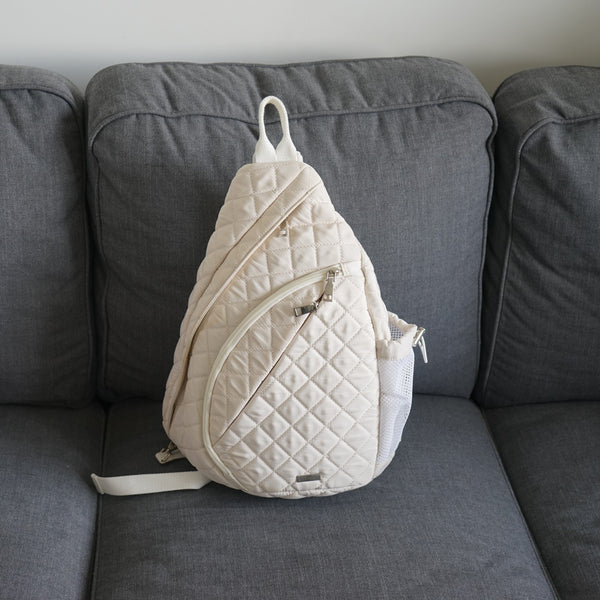 Light Beige Quilted Nylon Sling Bag, Lightweight Everyday Crossbody Travel Backpack with Hidden Pockets and Bottle Holder
