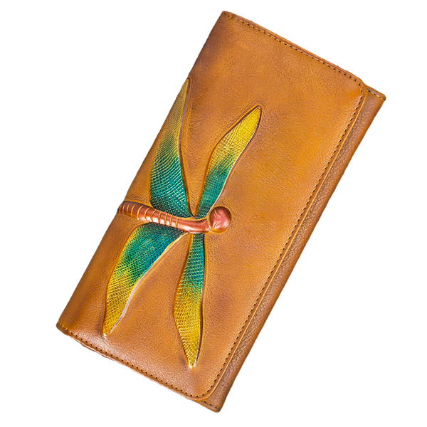 Top grain leather dragonfly vintage bifold wallet