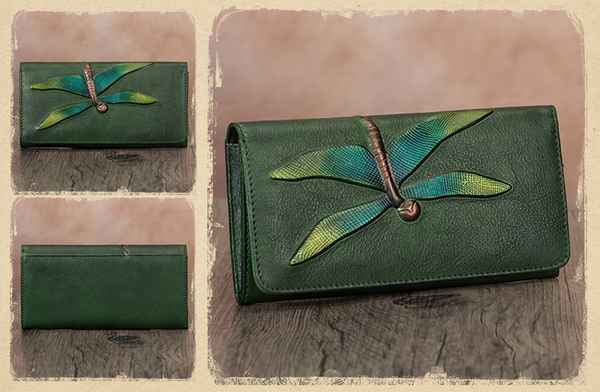 Top grain leather dragonfly vintage bifold wallet