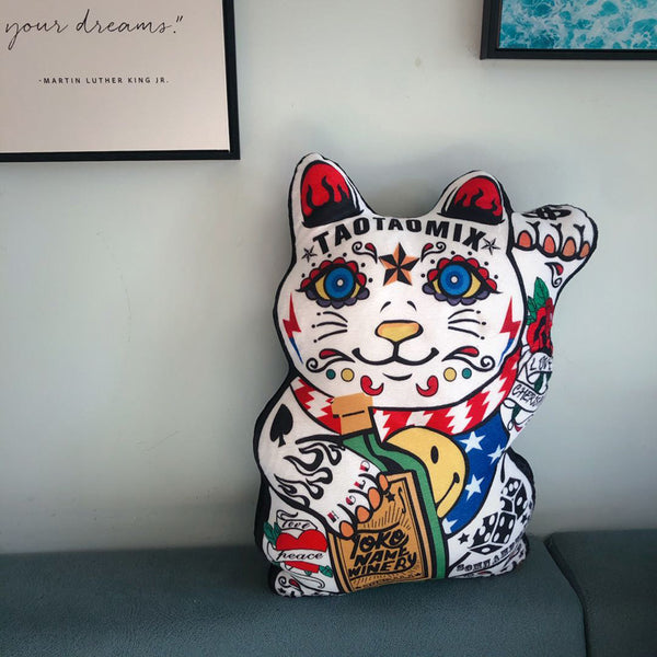 Mexican style maneki-neko lucky cat throw pillow